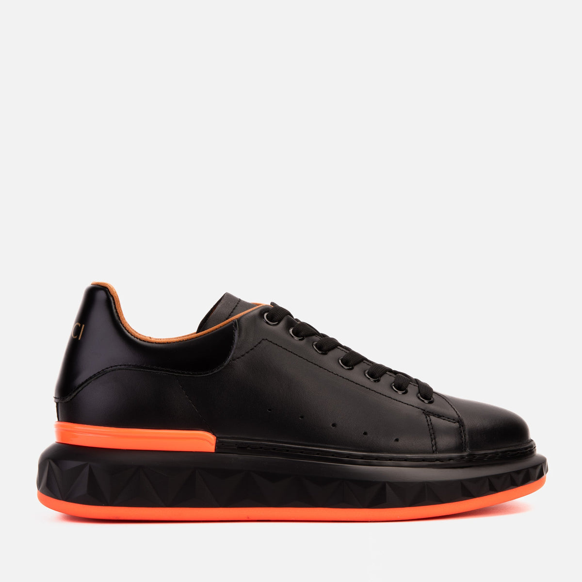 The Linq  Black Orange Leather Sneaker For Sale